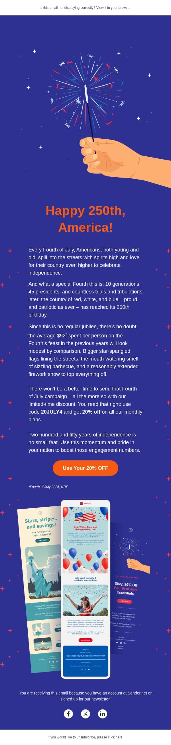 Celebrate 250 Years of Independence with a Bang 🇺🇸 email from Sender screenshot