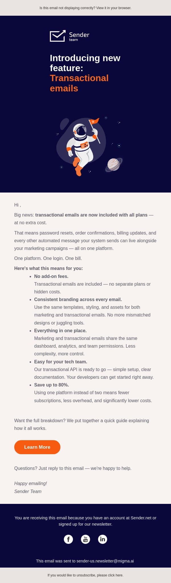 Stop juggling and paying for two email tools email from Sender screenshot
