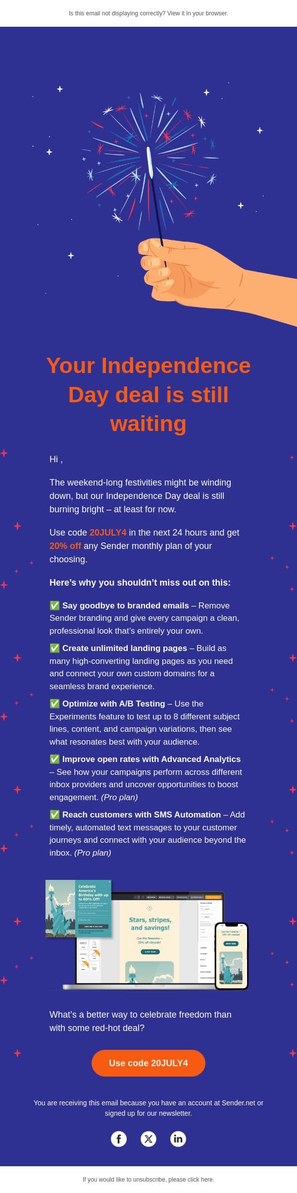Your #Freedom250 deal ends in 24 hours email from Sender screenshot