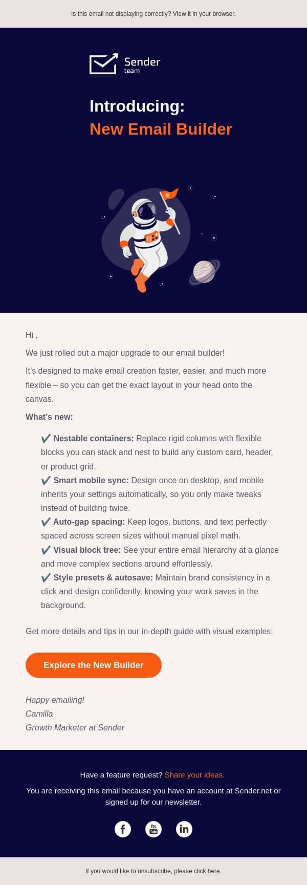 Meet the all-new email builder 🎨 email from Sender screenshot