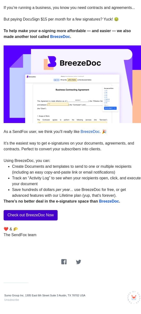 Our DocuSign alternative email from SendFox screenshot