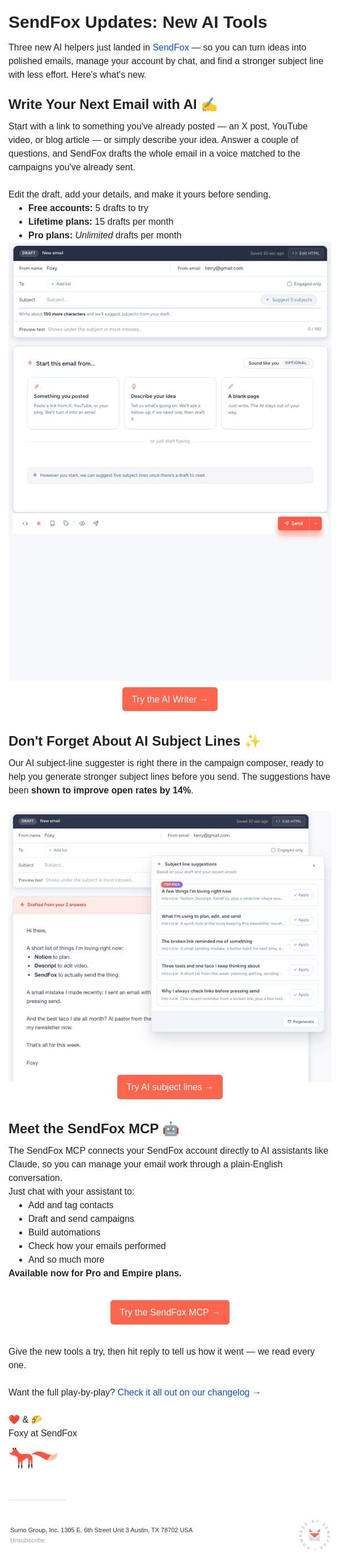 SendFox updates: AI writing, MCP, and subject lines that lift opens email from SendFox screenshot
