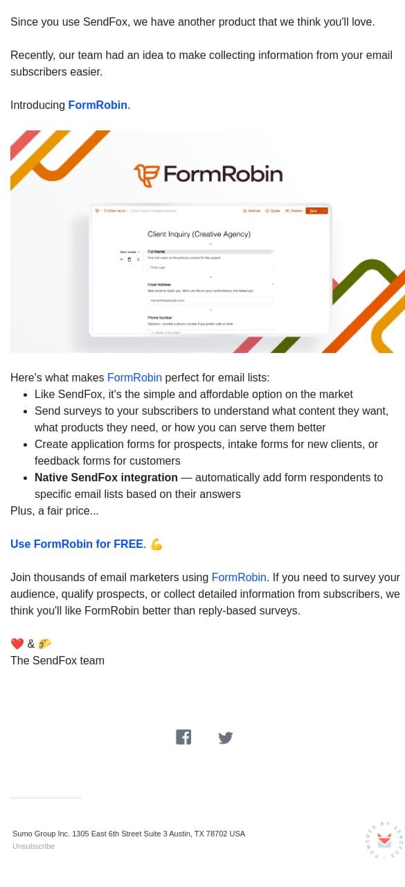 Survey your subscribers and collect feedback... email from SendFox screenshot