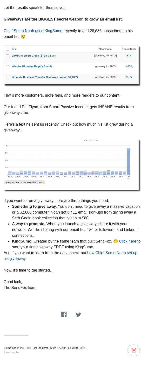 The fastest way to grow your email list... email from SendFox screenshot
