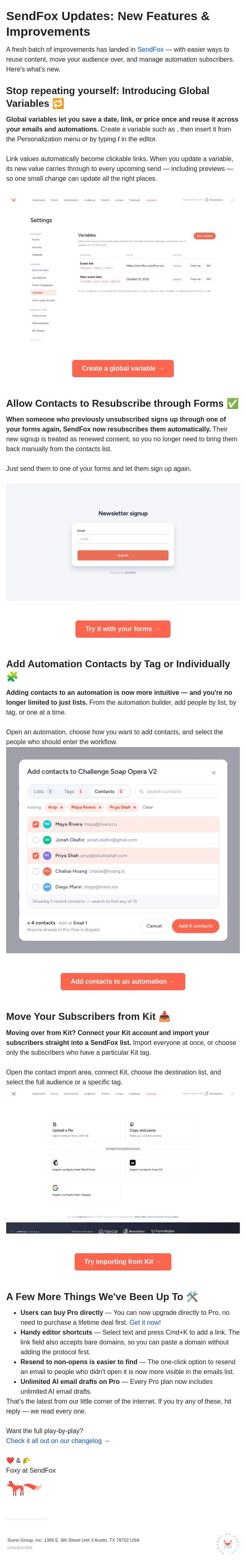 SendFox just got better: Global variables, win-back signups, smarter automations & more ✨ email from SendFox screenshot