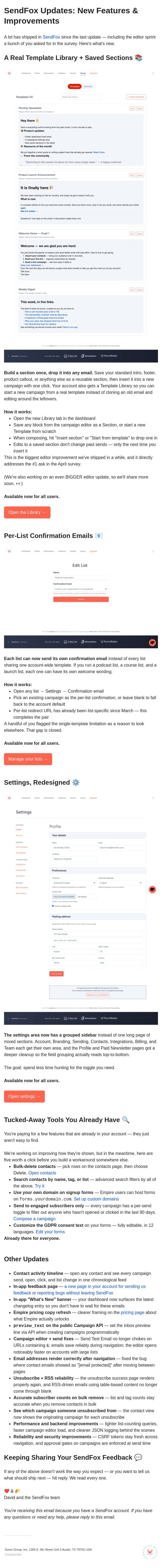 SendFox updates: Template library, per-list confirmations, redesigned settings, and 5 tools you already have email from SendFox screenshot