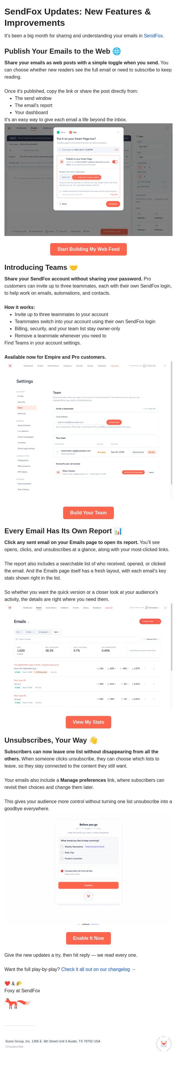 [NEW] Teams, web publishing, flexible unsubscribes, and better reports 😲 email from SendFox screenshot