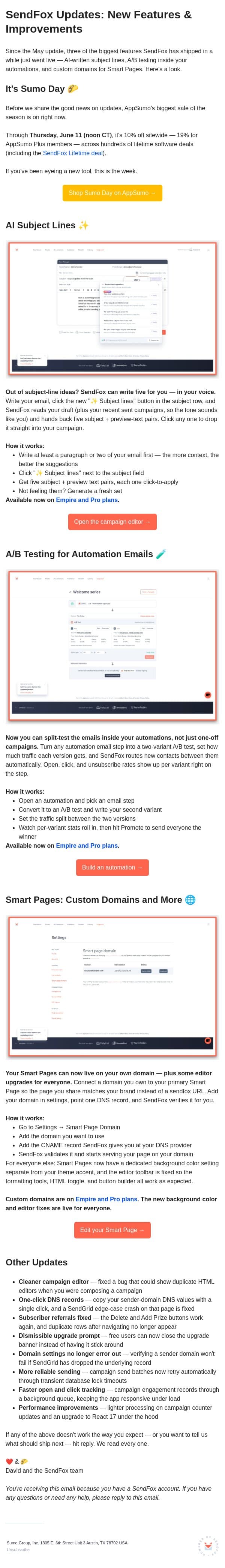 SendFox updates: AI subject lines, automation A/B testing, custom domains, and more email from SendFox screenshot