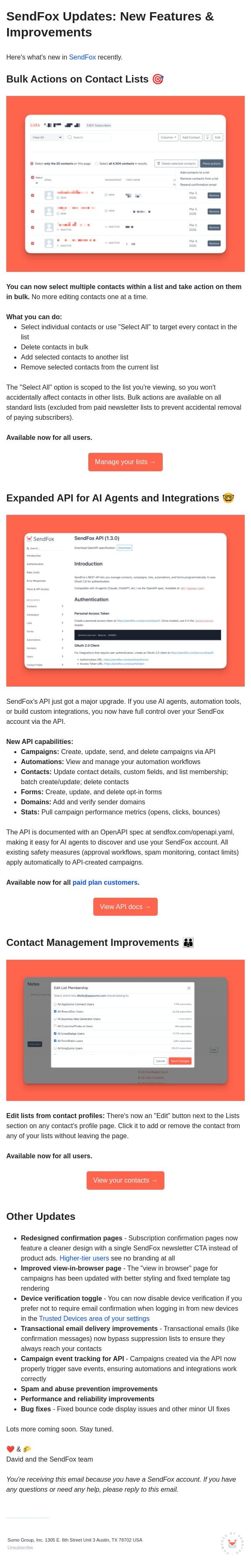 SendFox updates: Bulk actions, expanded API, contact management improvements, and more email from SendFox screenshot