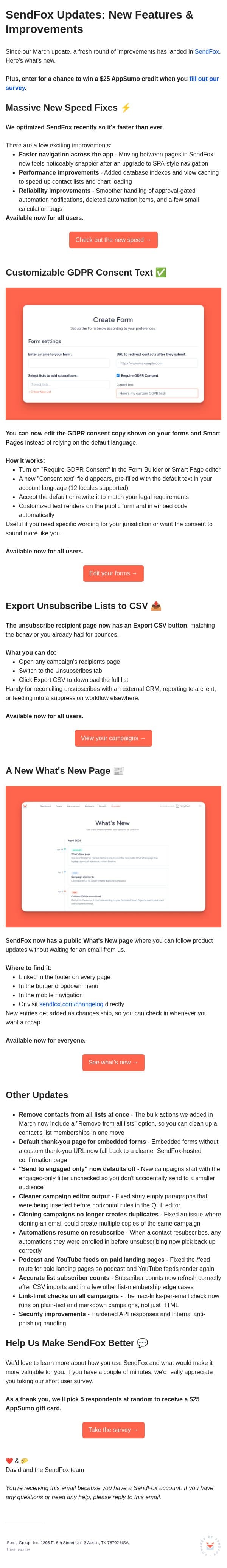 SendFox updates: Big speed increase, Custom GDPR, a new What's New page, and more email from SendFox screenshot