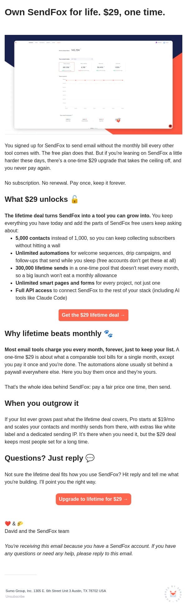 Make SendFox yours for $29 (one payment, no monthly bill) email from SendFox screenshot
