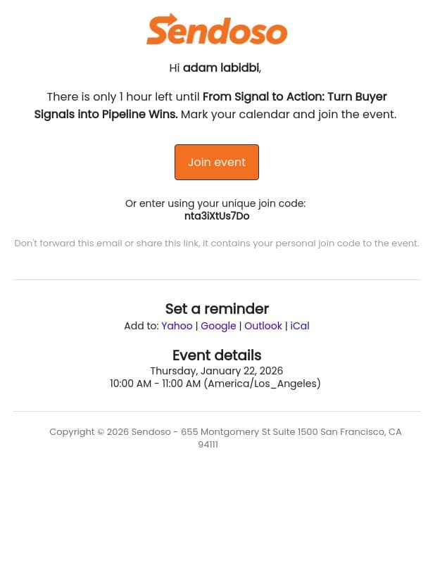 Don't miss From Signal to Action: Turn Buyer Signals into Pipeline Wins email from Sendoso screenshot