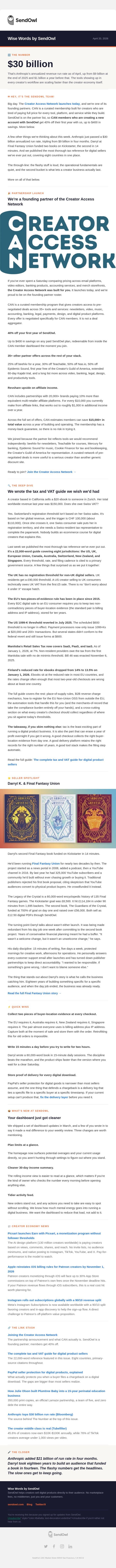 We're partnering with the Creator Access Network! email from SendOwl screenshot