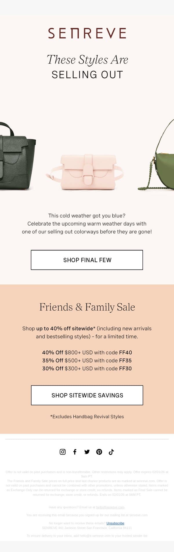 SELLING QUICK & On Sale email from Senreve screenshot