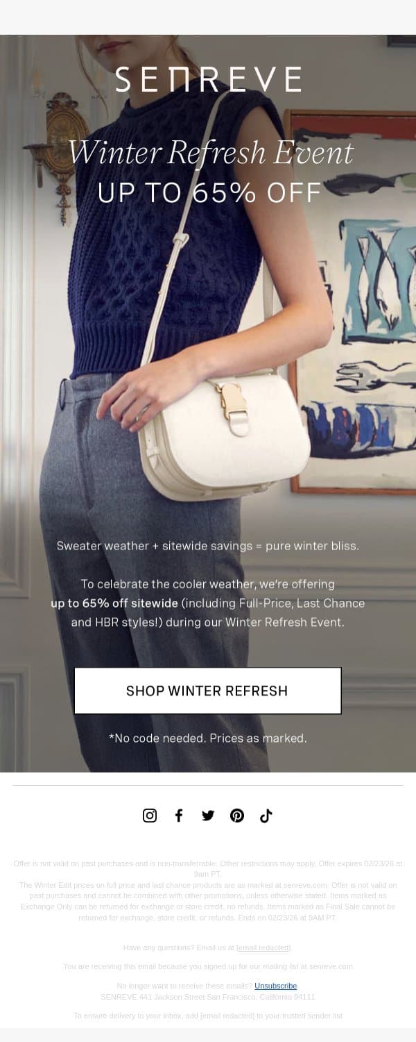 Refresh Your Winter Wardrobe email from Senreve screenshot