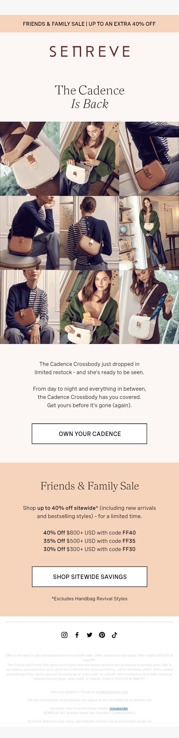 Don't Miss the Cadence Crossbody Restock! email from Senreve screenshot