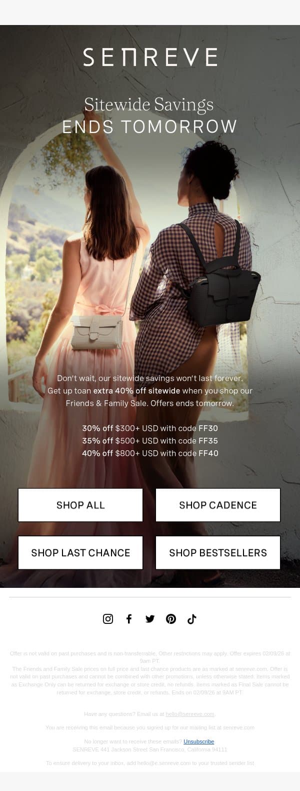 Last Call for Friends and Family Sale email from Senreve screenshot