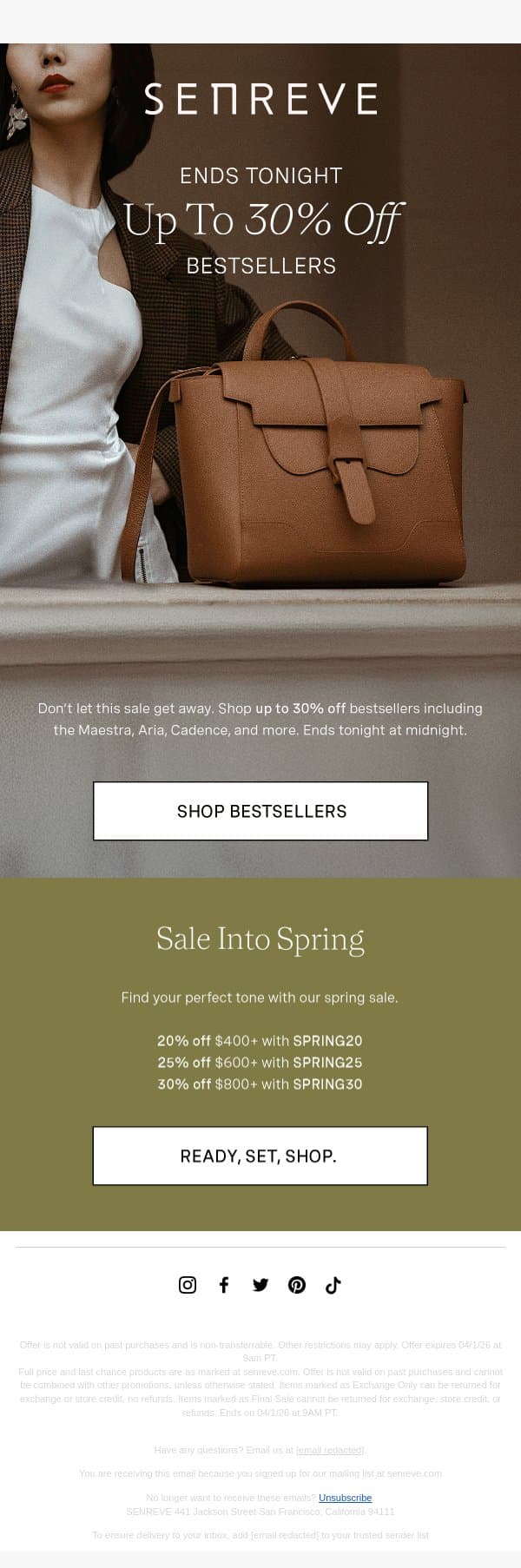 Spring Sale Ends Tonight email from Senreve screenshot