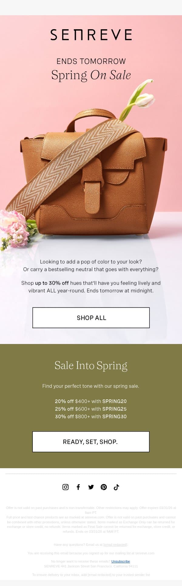 Spring Sale Ends Tomorrow email from Senreve screenshot