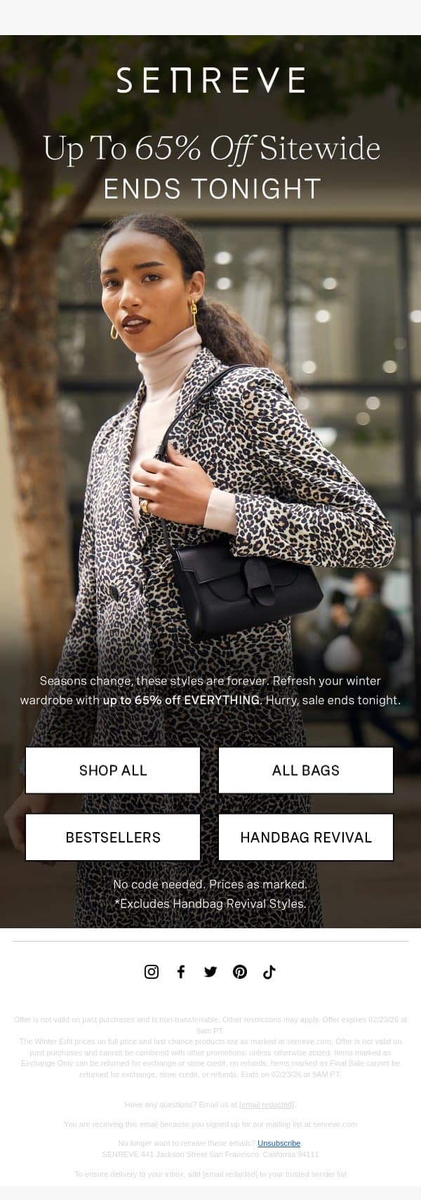 ENDS TONIGHT: Up To 65% Off email from Senreve screenshot