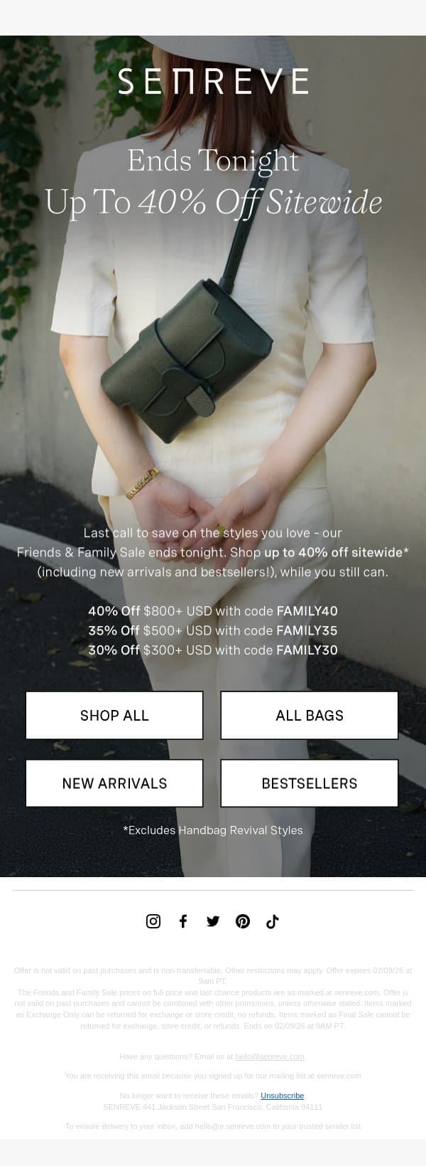 ENDS TONIGHT: Up To An Extra 40% Off email from Senreve screenshot