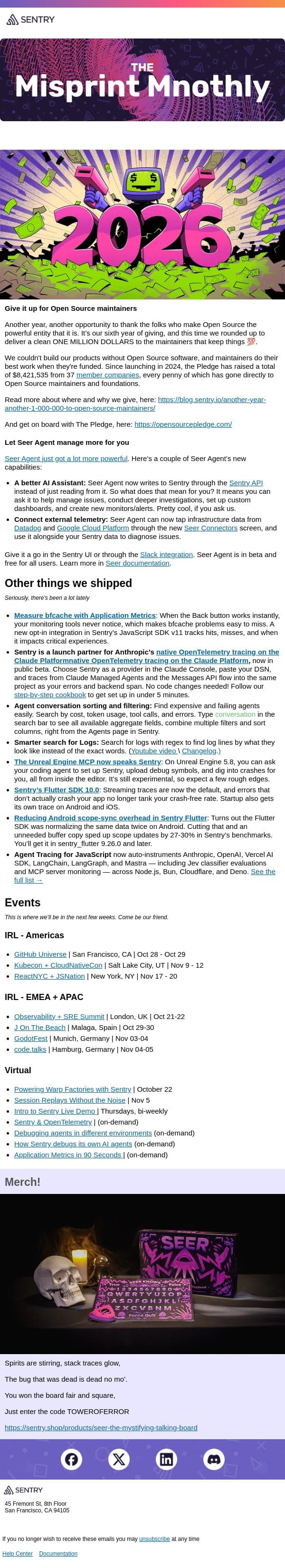 The Misprint Monthly: Giving Back to Open Source, Seer Agent Gets More Powerful email from Sentry screenshot