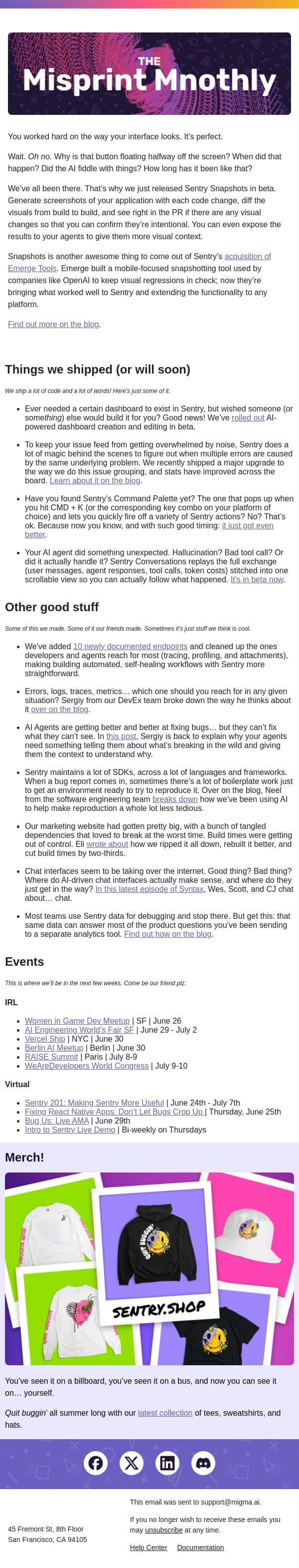 New in Sentry: Snapshots, now in beta email from Sentry screenshot