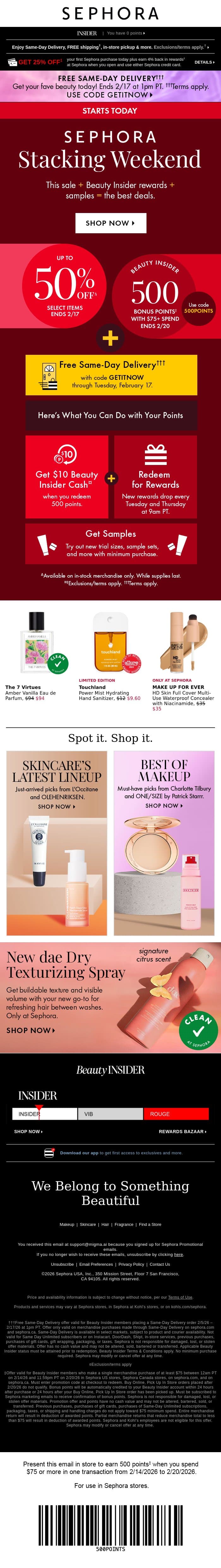 500 bonus points with $75 min. spend, up to 50% off select beauty, AND FREE Same-Day Delivery❗️ email from Sephora screenshot