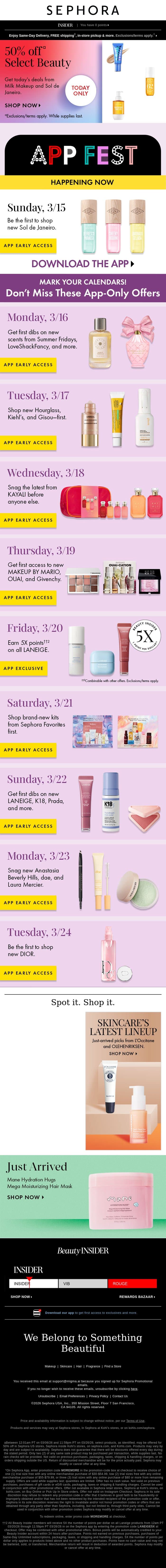 Woo-hoo! It’s 50% off select beauty 💛 email from Sephora screenshot