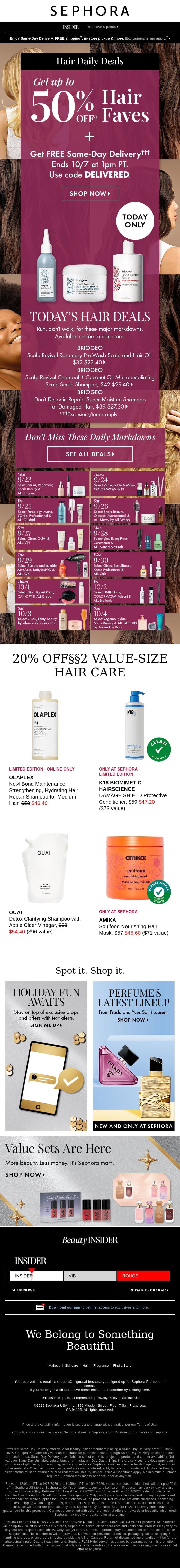 Hair Daily Deals starts today 🎉 20–50% off select hair care. email from Sephora screenshot