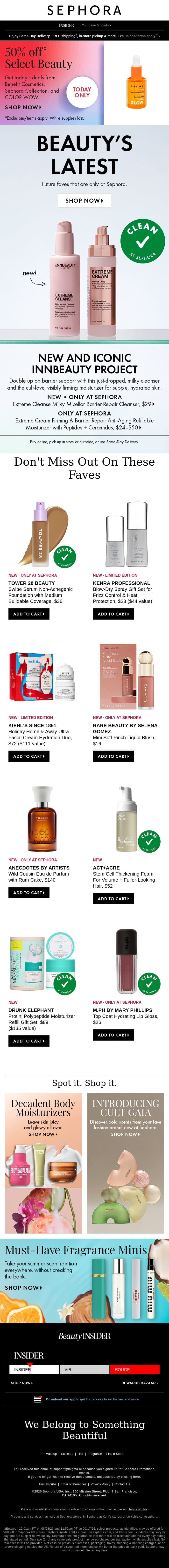 Select brands are 50% off today 🤑 email from Sephora screenshot