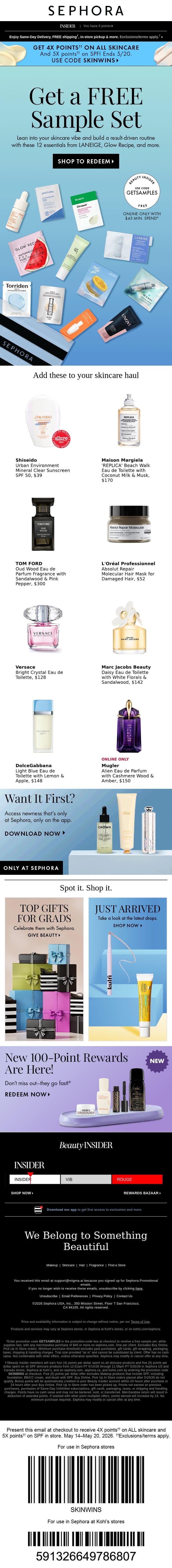 Get a FREE skincare sample set of 12 essentials with min. spend 👝 email from Sephora screenshot