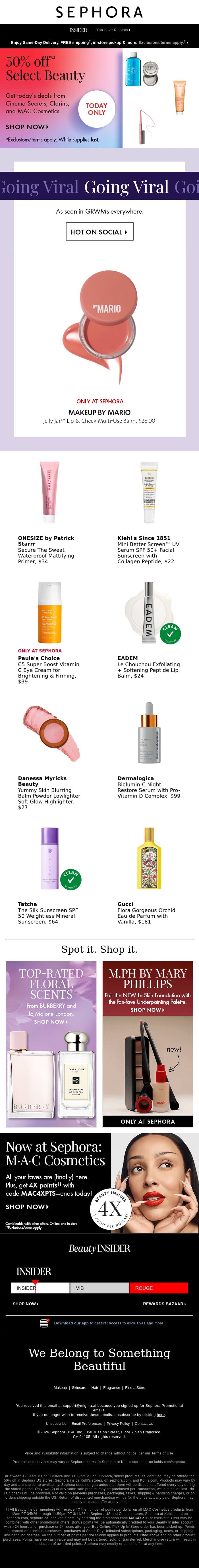 ‼️ SALE ‼️ 50% off select beauty! email from Sephora screenshot