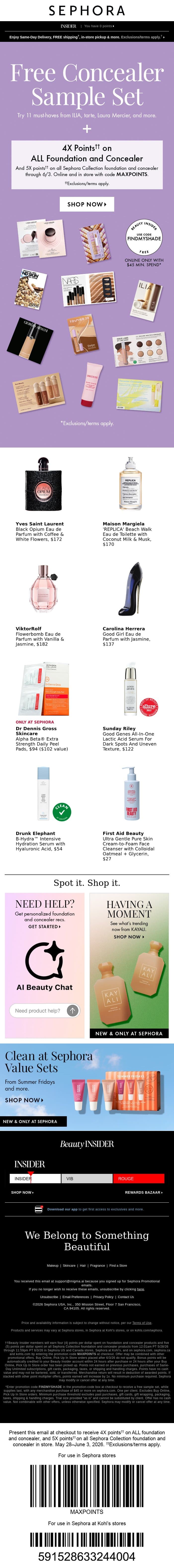 FREE concealer sample set 🤎🧡💛 With $45 min. spend. email from Sephora screenshot