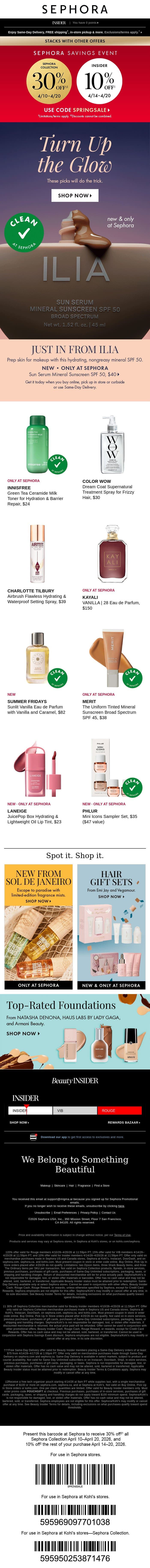 Get 10% off your purchase and 30% off ALL Sephora Collection 🫨 email from Sephora screenshot