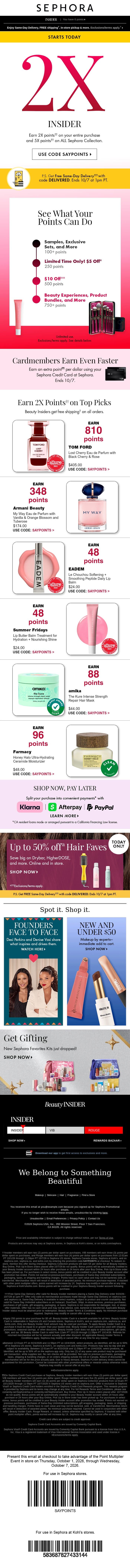 STARTS TODAY: earn 2X points on your purchase and 5X points on ALL Sephora Collection 😍 email from Sephora screenshot