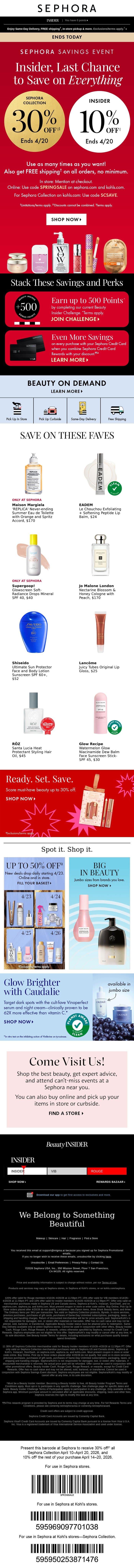 🚨 ENDS TODAY: 10% off your basket and 30% off ALL Sephora Collection email from Sephora screenshot