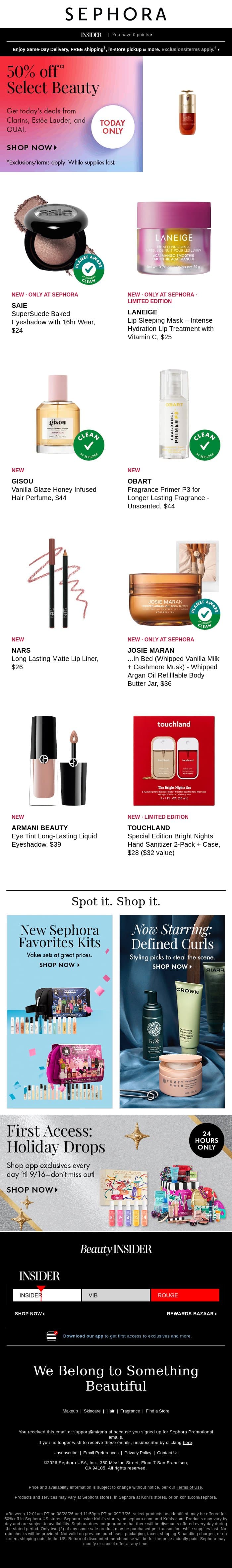 Today only: 50% off select faves 🌶️ email from Sephora screenshot