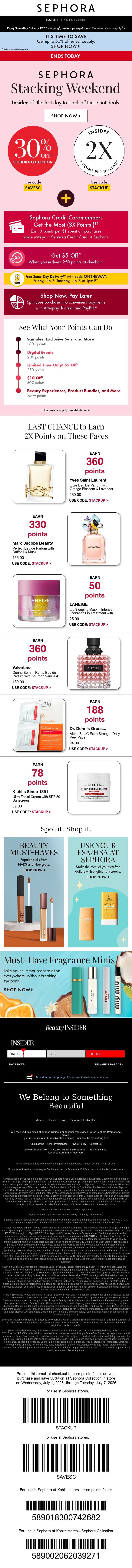 🚨 ENDS TODAY: 30% off ALL Sephora Collection, 2X points on all products, and FREE Same-Day Delivery email from Sephora screenshot