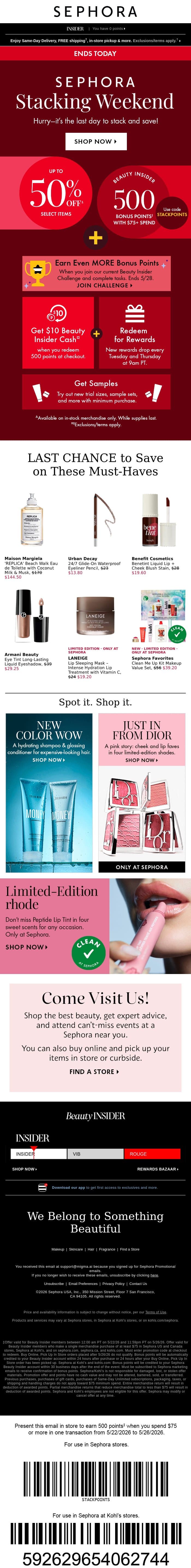 LAST CHANCE 🥺 Get up to 50% off select beauty—plus earn 500 bonus points with $75 min. spend. email from Sephora screenshot