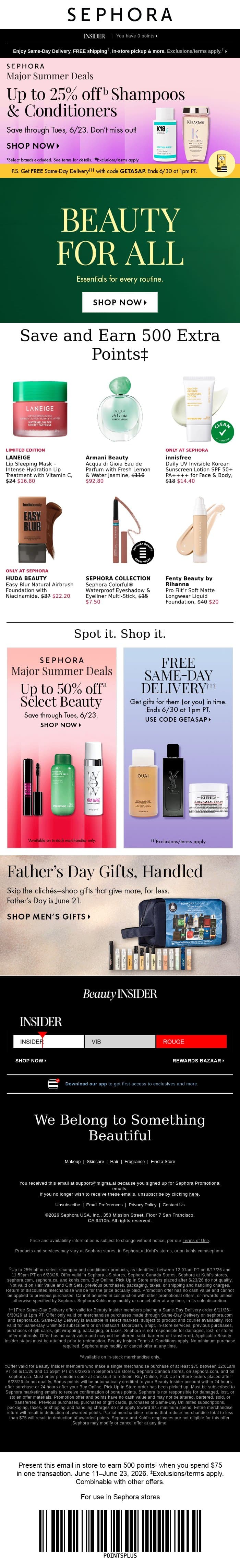 Woo-hoo 🎉 Up to 25% off select shampoos and conditioners 🫧 email from Sephora screenshot
