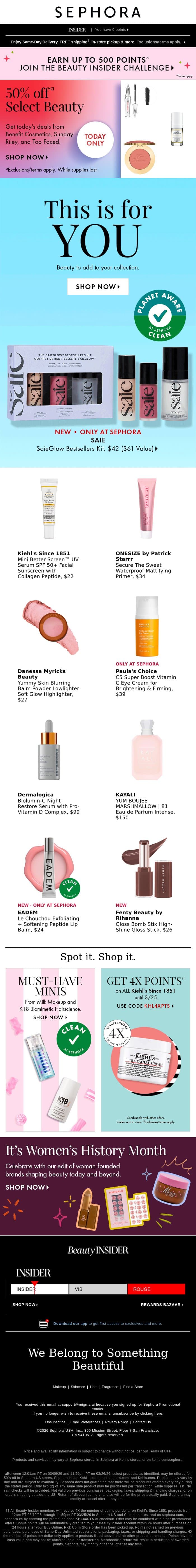One-day deals: 50% off select beauty 🍩 email from Sephora screenshot