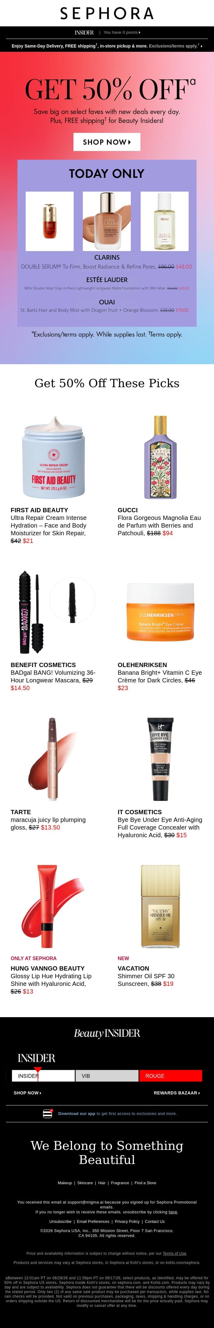 50% off select beauty⏰ email from Sephora screenshot