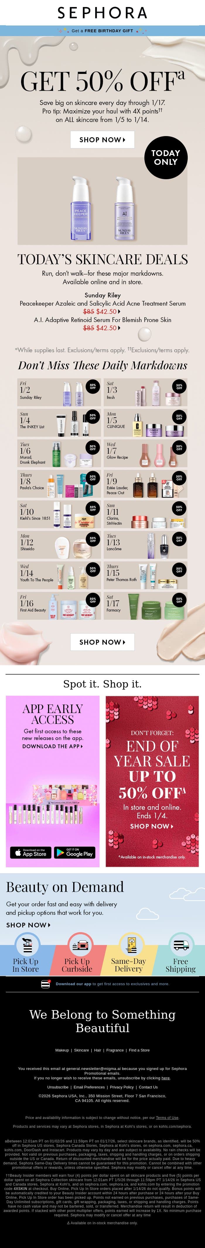 50% off your fave skincare brands 💫 email from Sephora screenshot