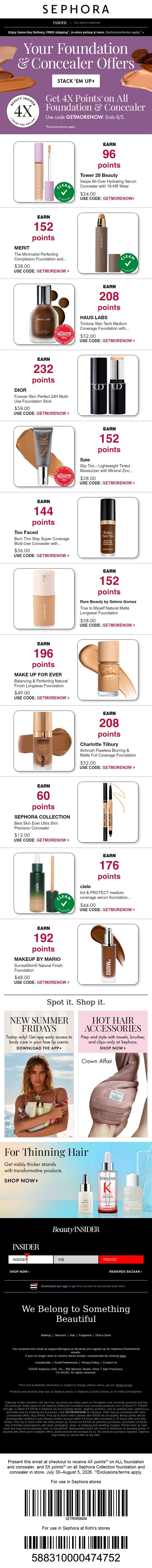 PSA 📣 Get 4X points on go-to foundations & concealers. email from Sephora screenshot
