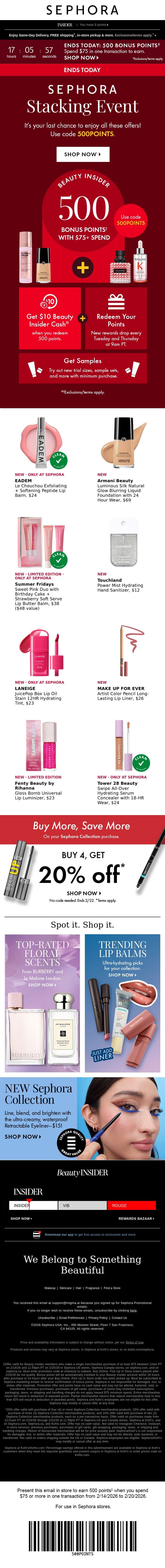 🚨LAST CHANCE 🚨 to earn 500 bonus points email from Sephora screenshot
