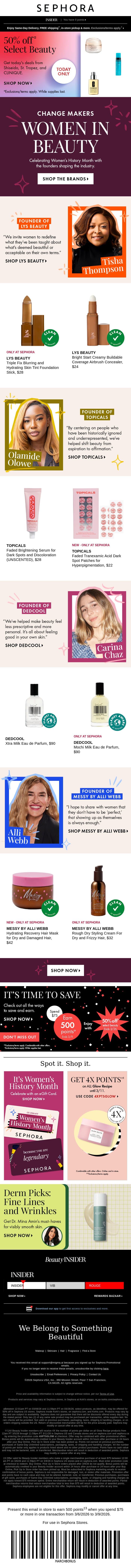 😮 Savings alert: Select beauty is 50% off email from Sephora screenshot