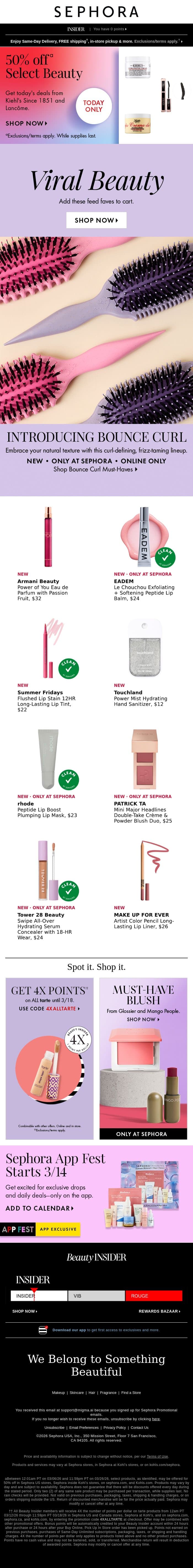 PSA 📢 Get 50% off select Kiehl's, Lancôme, and more email from Sephora screenshot