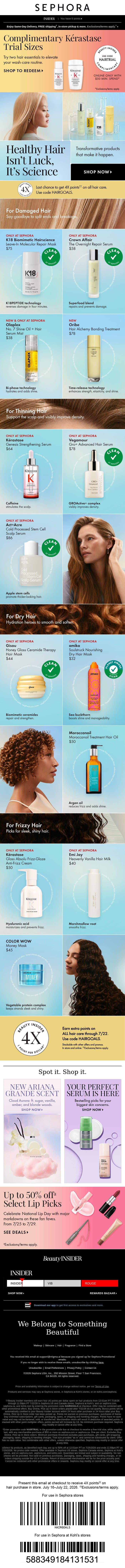 Earn 4X points on hair care for your healthiest hair yet ✨ email from Sephora screenshot