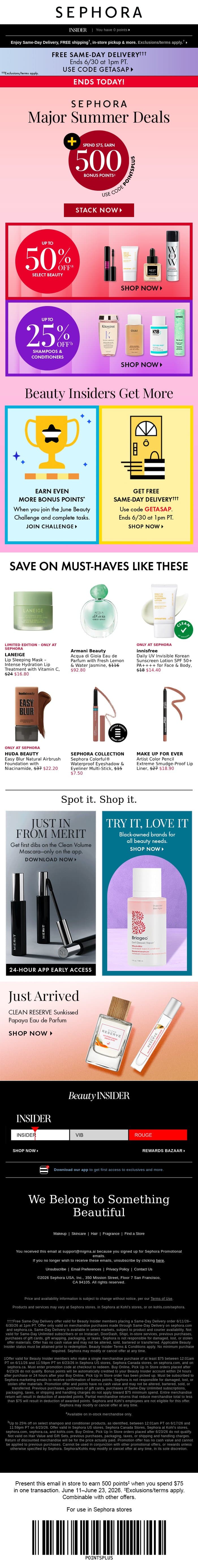 ENDS TODAY: up to 50% off select beauty 🫣 email from Sephora screenshot